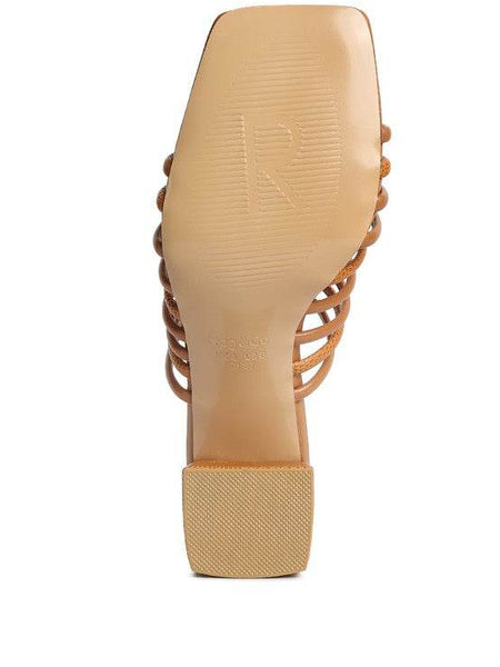 Bottom view of Babe Beachwear chic summer heeled sandals with square toe and block heel in tan color