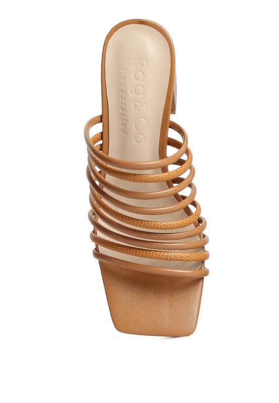 Chic summer heeled sandals by Babe Beachwear featuring multiple tan straps and a square toe design