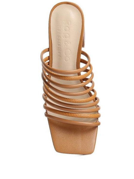 Chic summer heeled sandals by Babe Beachwear featuring multiple tan straps and a square toe design