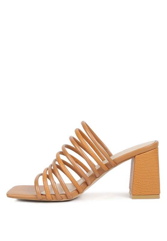 Babe Beachwear chic summer heeled sandals with multiple straps and block heel in tan color