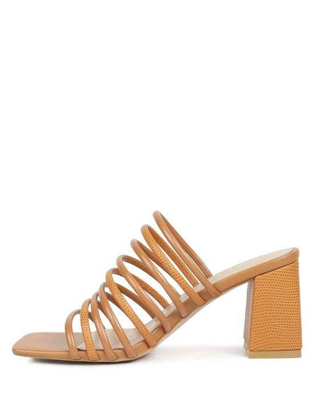 Babe Beachwear chic summer heeled sandals with multiple straps and block heel in tan color