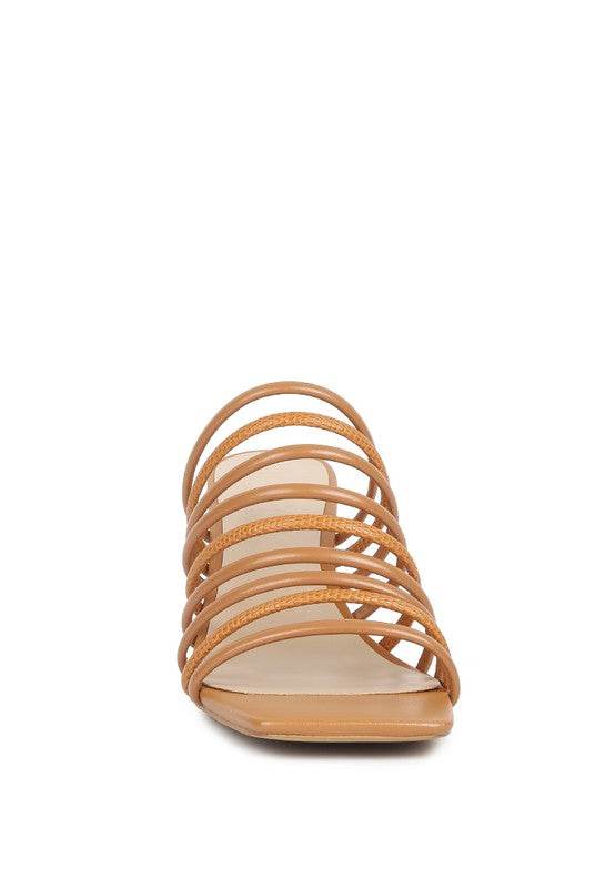 Babe Beachwear chic summer heeled sandals with multiple thin straps in tan color