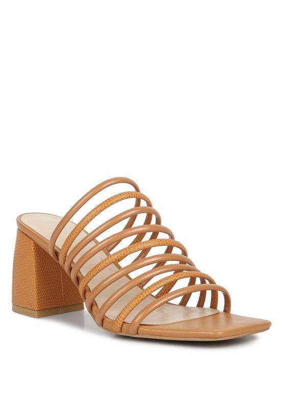 Babe Beachwear chic summer heeled sandals in tan with multiple straps and block heel