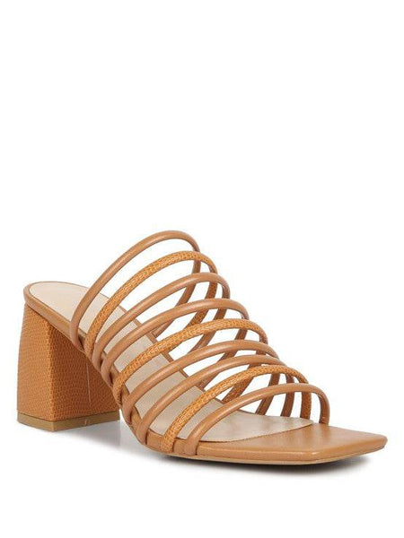 Babe Beachwear chic summer heeled sandals in tan with multiple straps and block heel