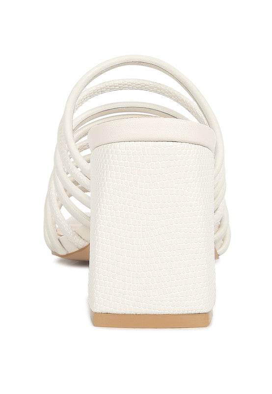 Babe Beachwear white chic summer heeled sandals with textured block heel and multiple straps