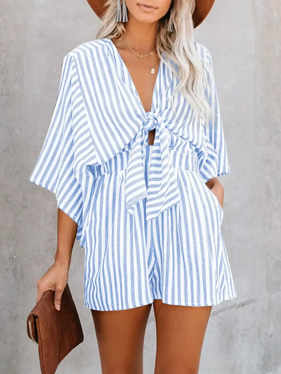 Blue and white striped romper with short sleeves, perfect affordable striped summer vibe