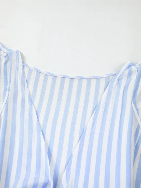 Blue and white striped V-neck top with short sleeves, perfect affordable striped romper for summer vibes