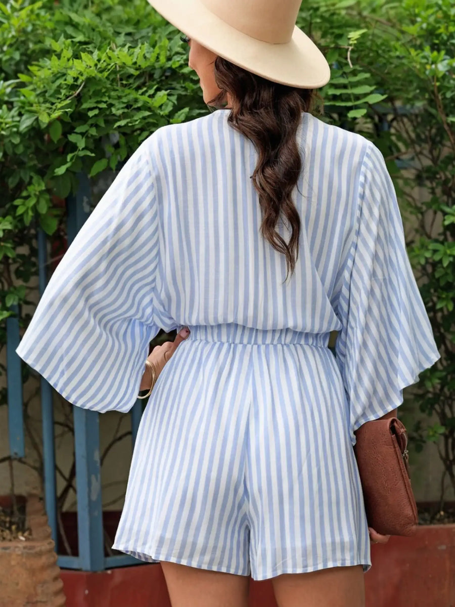 Bright blue and white striped romper, perfect affordable striped summer Vibes, with stylish sleeve length