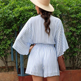 Bright blue and white striped romper, perfect affordable striped summer Vibes, with stylish sleeve length