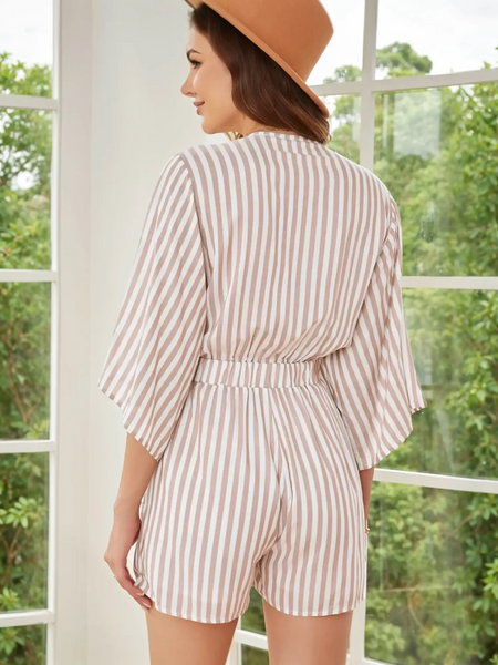 Affordable striped romper with short sleeves and matching hat for summer vibes