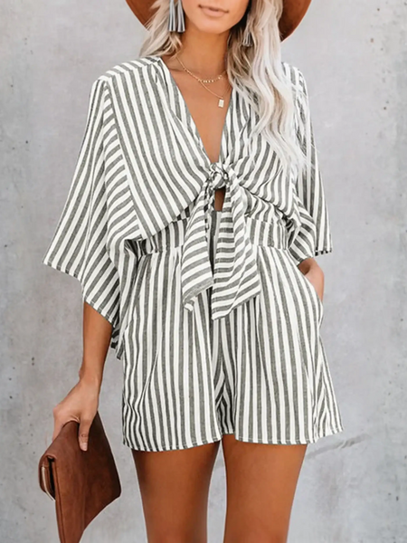 Striped tie-front romper with short sleeve length perfect for summer vibes