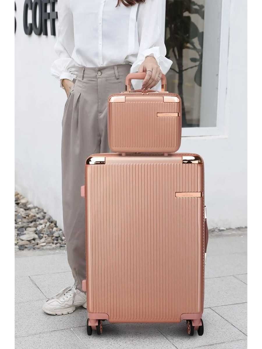 Babe Beachwear Hard Case 2 Piece Carry On Luggage set in rose gold with textured surface and wheels