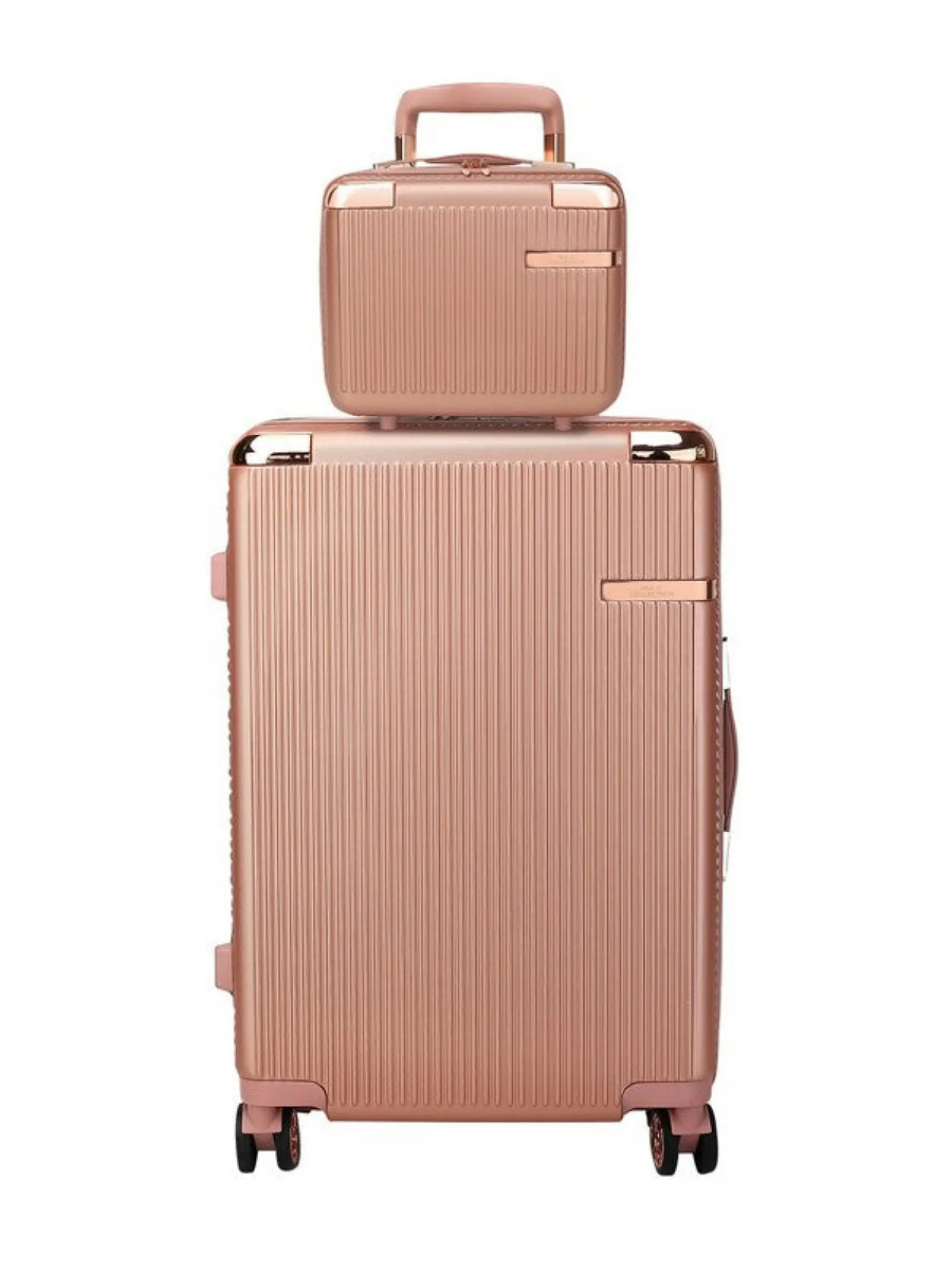 Babe Beachwaer Hard Case 2 Piece Carry On Luggage set in rose gold with ribbed texture and four wheels