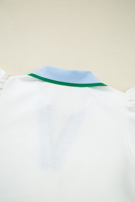 Back view of EG fashion white sleeveless ruffle sleeve beach blouse with blue and green collar detail