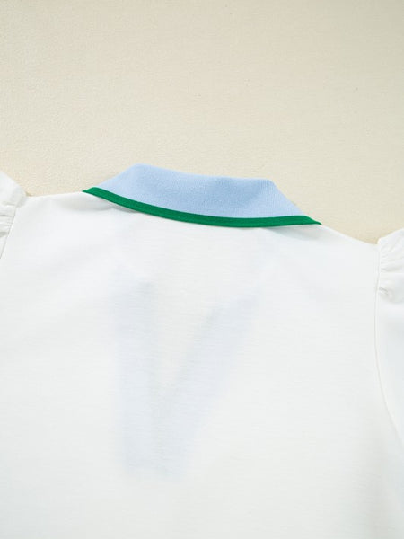 Back view of EG fashion white sleeveless ruffle sleeve beach blouse with blue and green collar detail