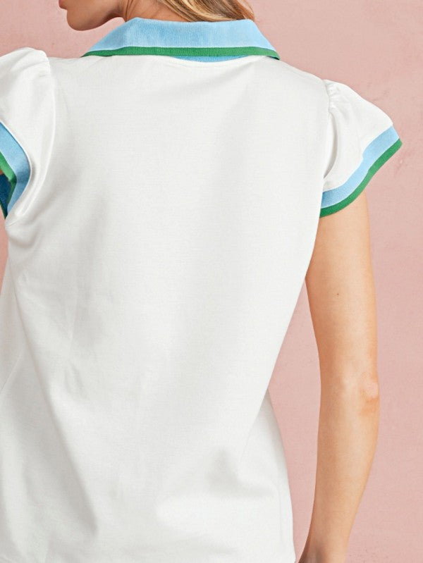 EG fashion sleeveless shirt featuring a ruffle sleeve beach blouse design with blue and green trim