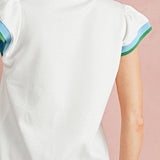 EG fashion sleeveless shirt featuring a ruffle sleeve beach blouse design with blue and green trim