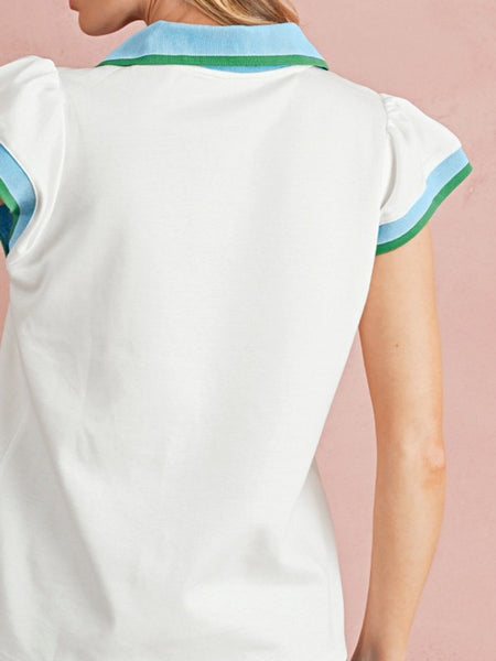 EG fashion sleeveless shirt featuring a ruffle sleeve beach blouse design with blue and green trim