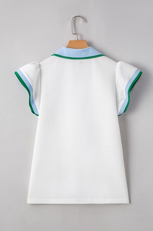 EG fashion white sleeveless shirt with ruffle sleeve beach blouse design and blue green trim collar