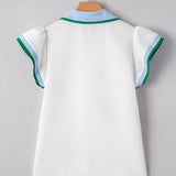 EG fashion white sleeveless shirt with ruffle sleeve beach blouse design and blue green trim collar