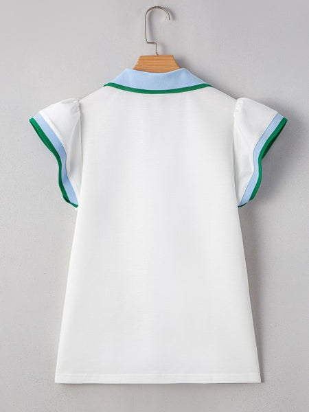 EG fashion white sleeveless shirt with ruffle sleeve beach blouse design and blue green trim collar