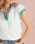 EG fashion white sleeveless shirt with blue and green trim ruffle sleeve beach blouse style