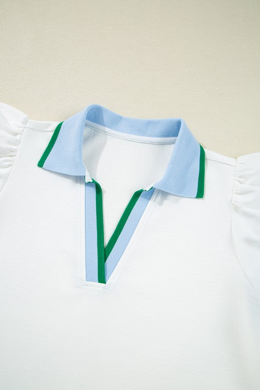 EG fashion sleeveless ruffle sleeve beach blouse with blue collar and green trim detail