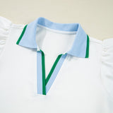 EG fashion sleeveless ruffle sleeve beach blouse with blue collar and green trim detail