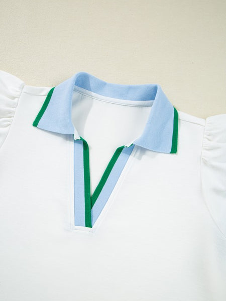 EG fashion sleeveless ruffle sleeve beach blouse with blue collar and green trim detail