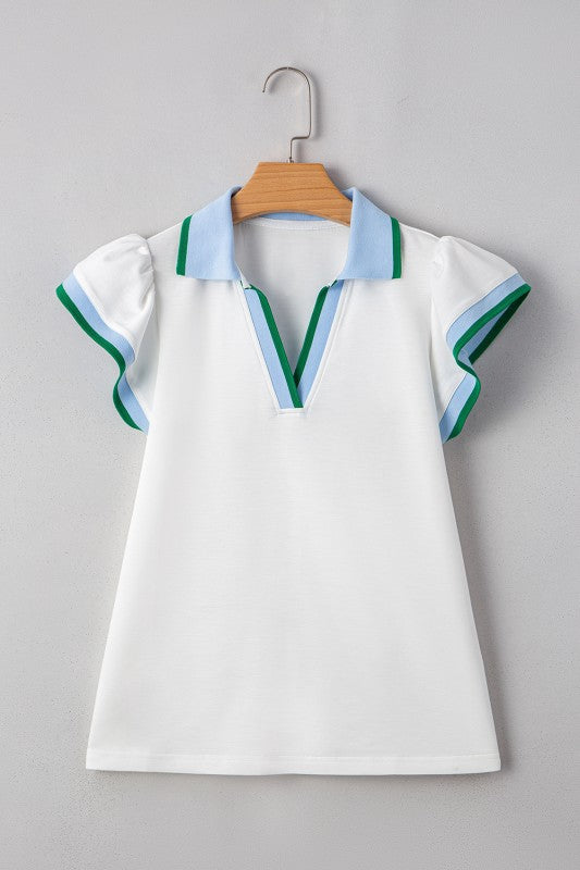 EG fashion white sleeveless shirt with blue collar and green trim ruffle sleeve beach blouse