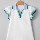 EG fashion white sleeveless shirt with blue collar and green trim ruffle sleeve beach blouse
