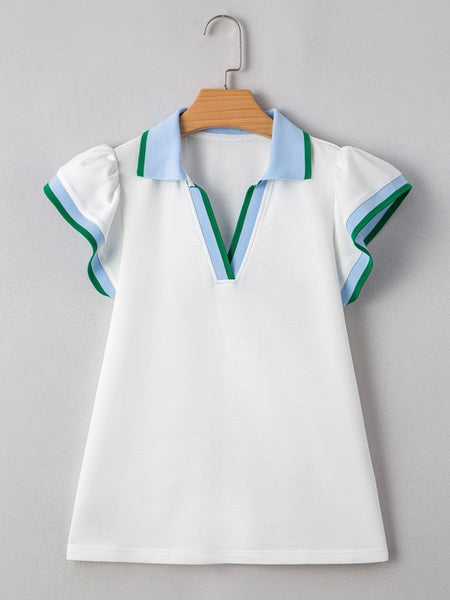 EG fashion white sleeveless shirt with blue collar and green trim ruffle sleeve beach blouse