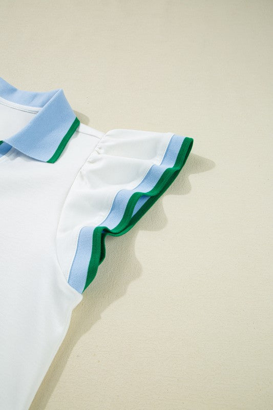 EG fashion sleeveless shirt featuring ruffle sleeve beach blouse design with blue and green trim