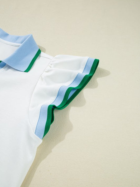 EG fashion sleeveless shirt featuring ruffle sleeve beach blouse design with blue and green trim