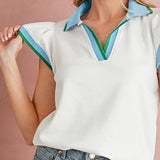 EG fashion sleeveless shirt with ruffle sleeve beach blouse design in white with blue and green trim