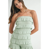 Trendsi ruffled tube romper in light green with layered ruffle design and strapless style
