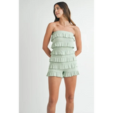 Trendsi light green ruffled tube romper with layered ruffle details and strapless design