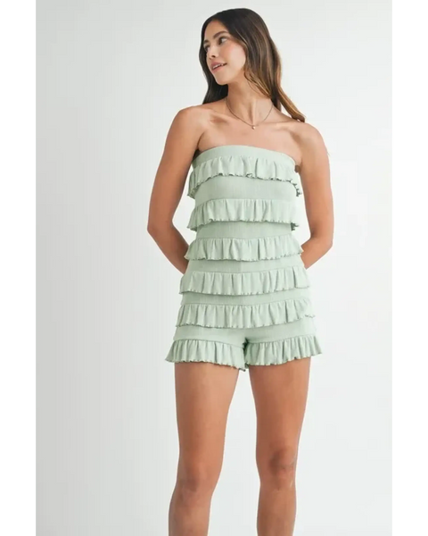 Trendsi light green ruffled tube romper with layered ruffle details and strapless design