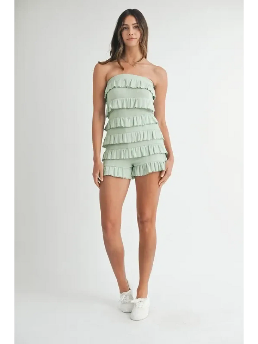 Trendsi ruffled tube romper in light green with layered ruffles and strapless design