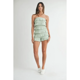 Trendsi ruffled tube romper in light green with layered ruffles and strapless design