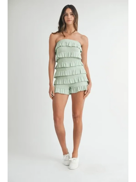Trendsi ruffled tube romper in light green with layered ruffles and strapless design