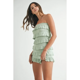 Trendsi light green ruffled tube romper with layered ruffles and strapless design