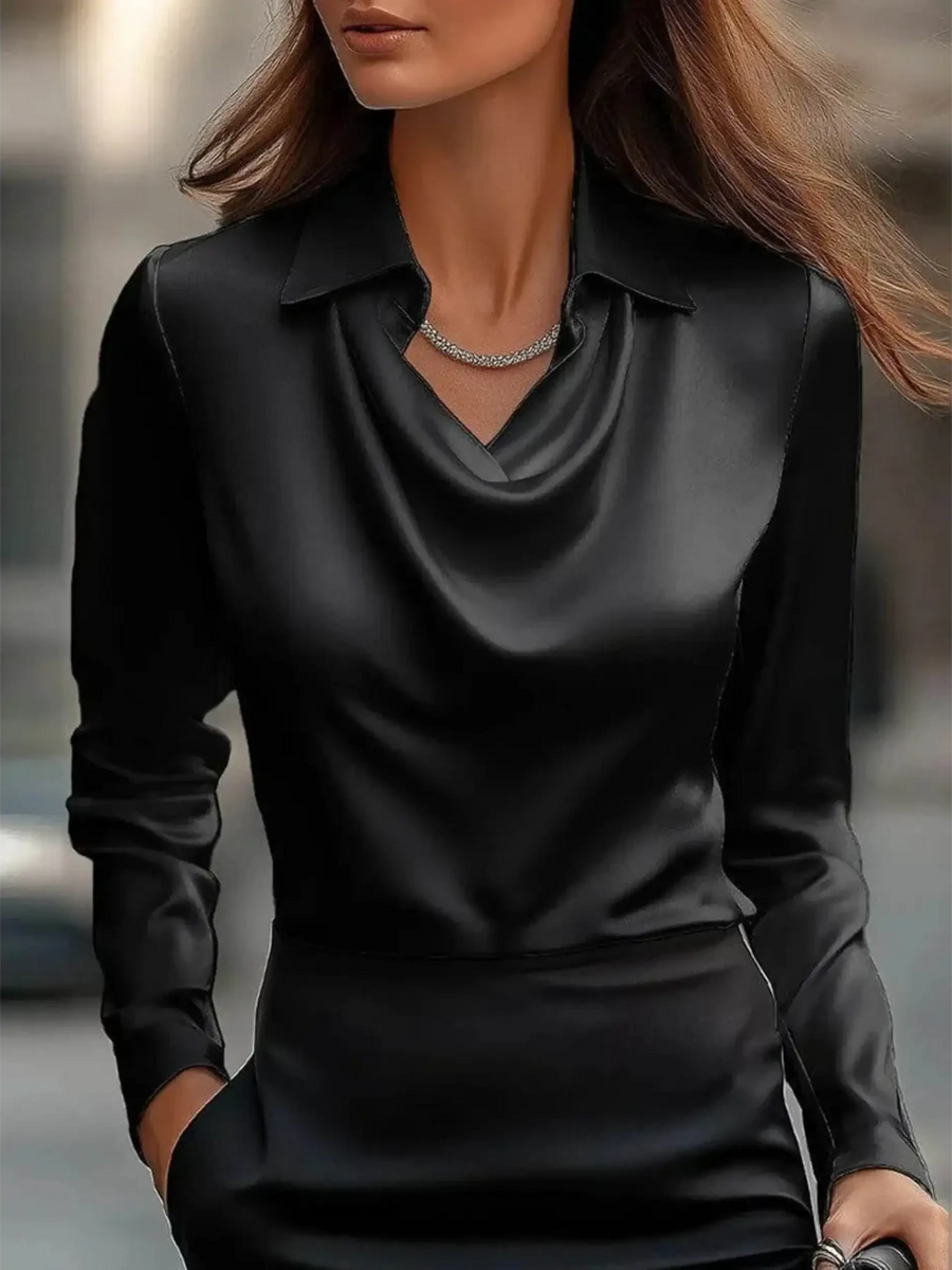 Black Satin Glam Girl Cowl Neck Blouse with long sleeves and a draped neckline