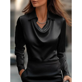 Black Satin Glam Girl Cowl Neck Blouse with long sleeves and a draped neckline