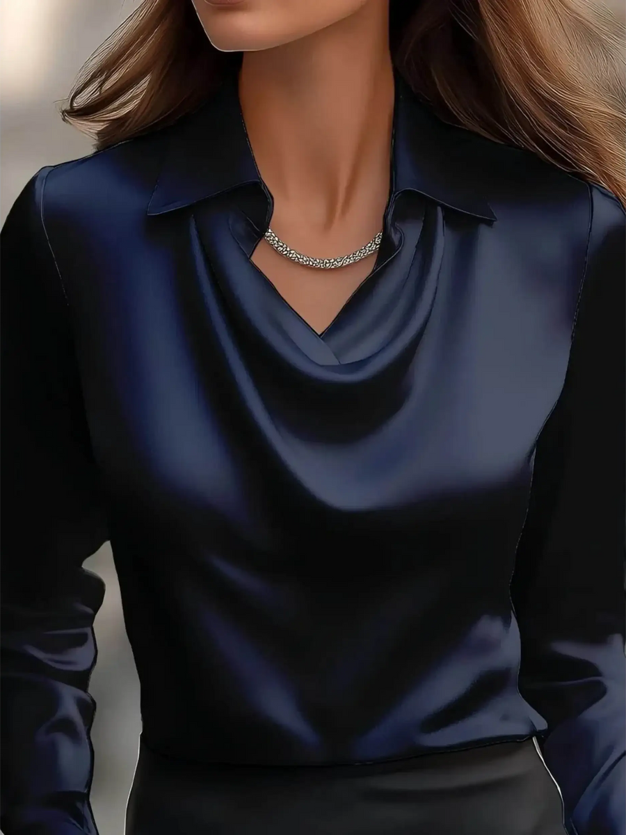 Black satin Satin Glam Girl Cowl Neck Blouse with long sleeves and collar by Babe Beachwaer