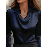 Black satin Satin Glam Girl Cowl Neck Blouse with long sleeves and collar by Babe Beachwaer