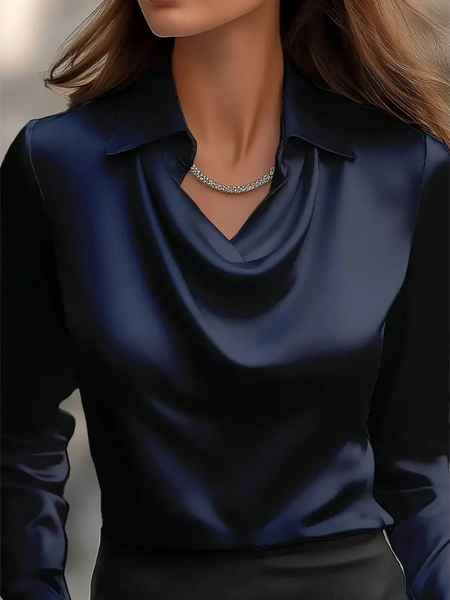 Black satin Satin Glam Girl Cowl Neck Blouse with long sleeves and collar by Babe Beachwaer