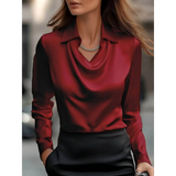 Babe Beachwear Satin Glam Girl Cowl Neck Blouse in deep red satin with long sleeves and a draped collar