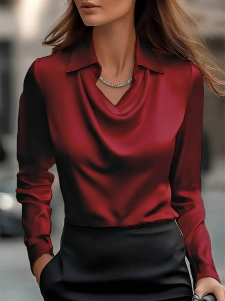 Babe Beachwear Satin Glam Girl Cowl Neck Blouse in deep red satin with long sleeves and a draped collar