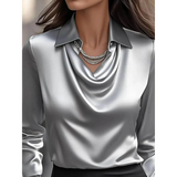 Satin Glam Girl Cowl Neck Blouse in silver with shiny satin fabric and draped collar design